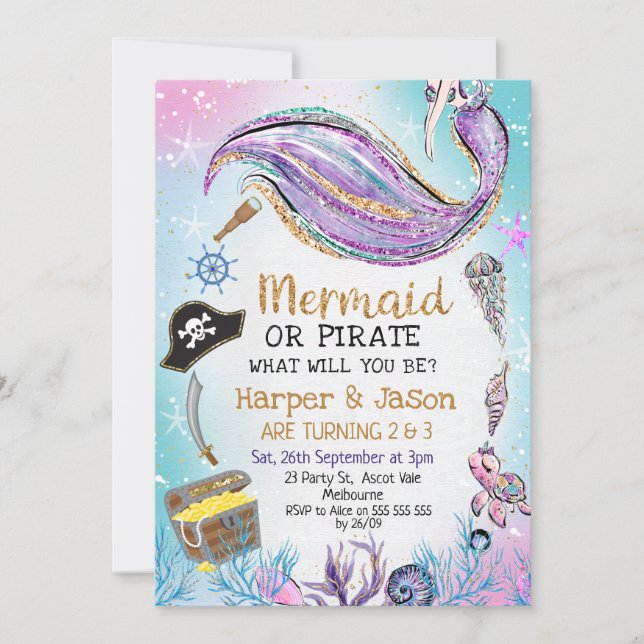Blue Purple Pirates Mermaid Joint Birthday Invitation (Front)