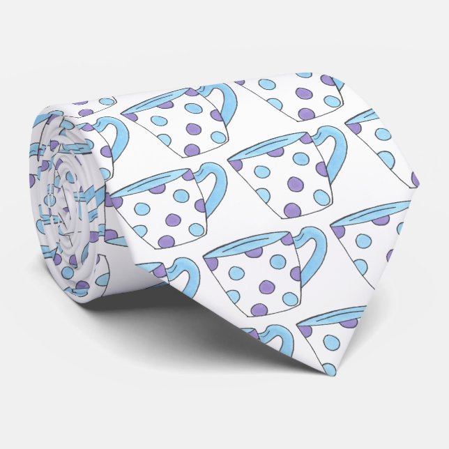 Blue Purple Polka Dot Teacup Tea Time Cup Party Tie (Rolled)