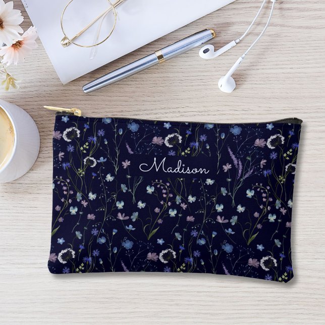 Blue Purple Pretty Wildflower Floral Pattern Accessory Pouch (In situ)