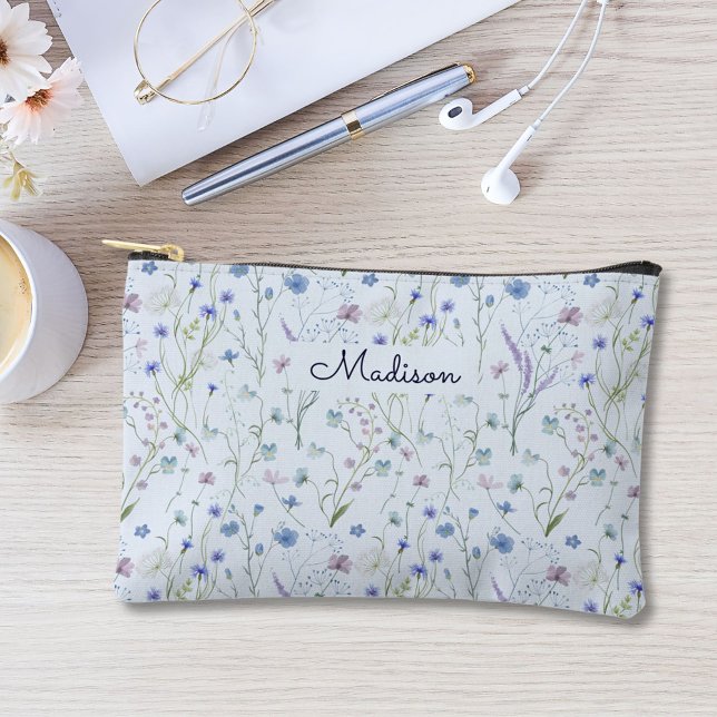 Blue Purple Pretty Wildflower Floral Pattern Accessory Pouch (In situ)