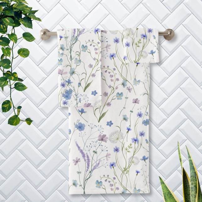 Blue Purple Pretty Wildflower Floral Pattern Bath Towel Set (In situ)