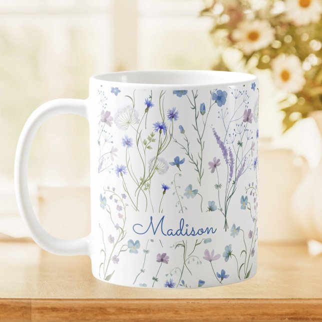 Blue Purple Pretty Wildflower Floral Pattern Coffee Mug (In situ)