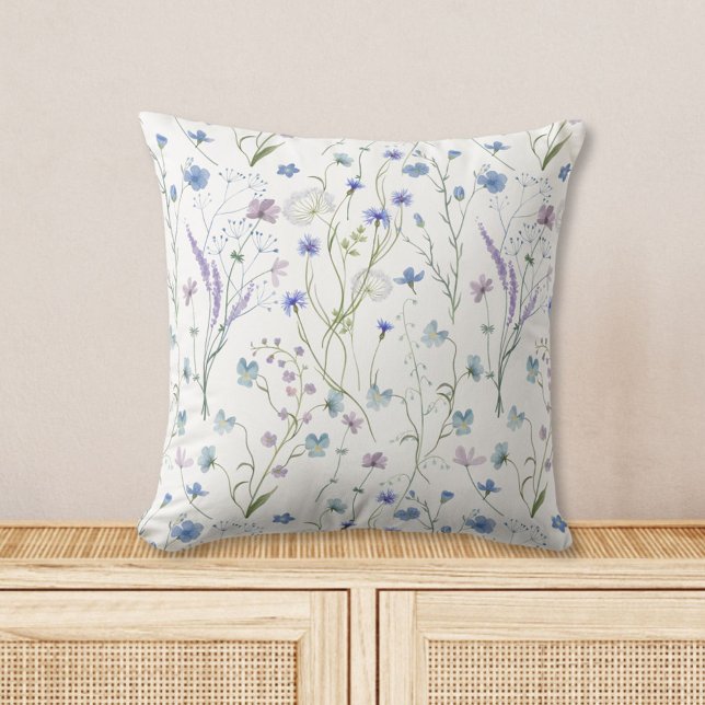 Blue Purple Pretty Wildflower Floral Pattern Cushion (In situ)