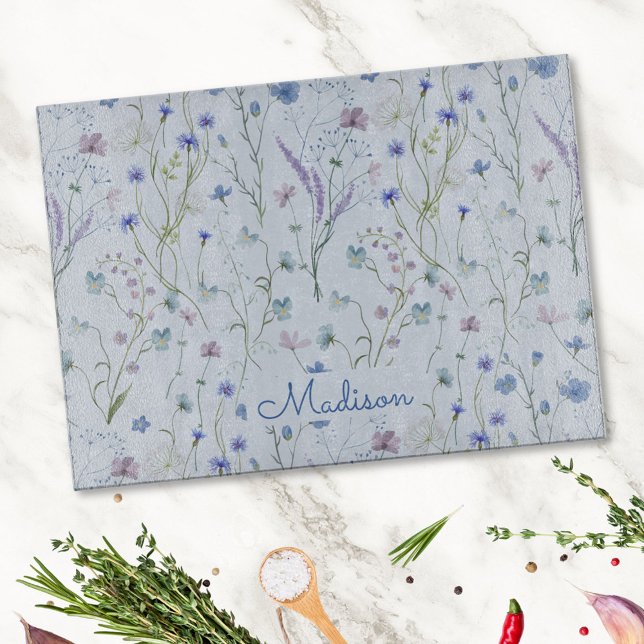 Blue Purple Pretty Wildflower Floral Pattern Cutting Board (In situ)