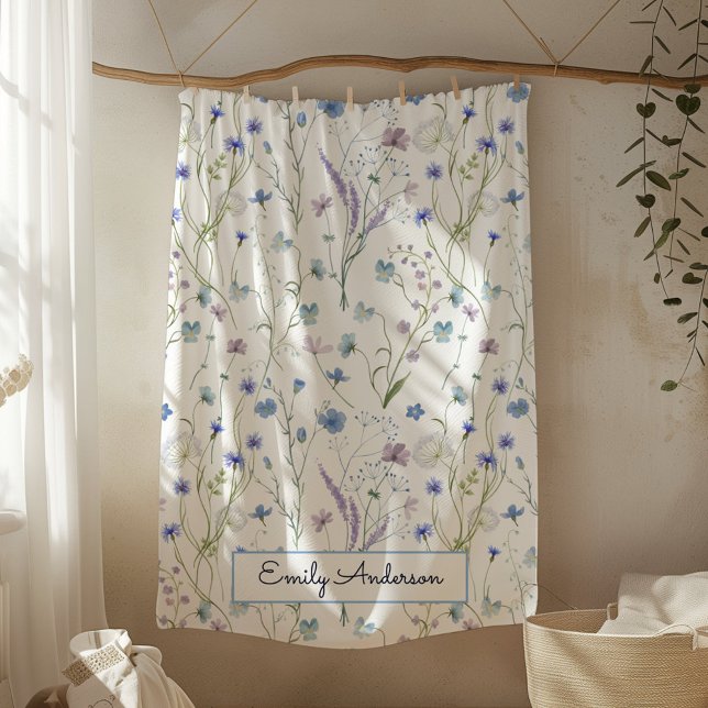 Blue Purple Pretty Wildflower Floral Pattern Fleece Blanket (In situ)