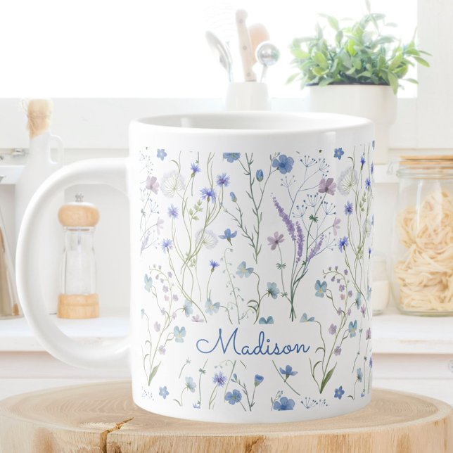 Blue Purple Pretty Wildflower Floral Pattern Large Coffee Mug (In situ)