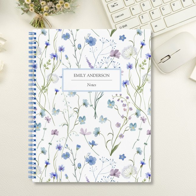 Blue Purple Pretty Wildflower Floral Pattern Notebook (In situ)