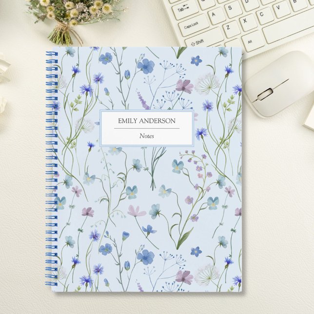Blue Purple Pretty Wildflower Floral Pattern Notebook (In situ)