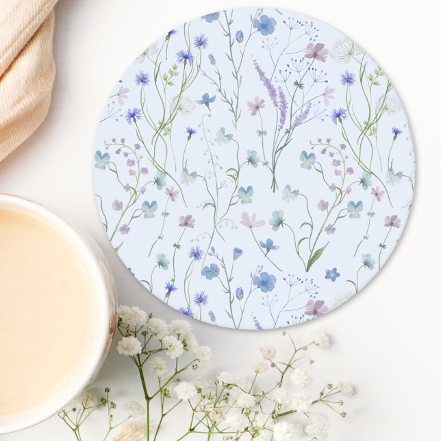 Blue Purple Pretty Wildflower Floral Pattern Round Paper Coaster (In situ)