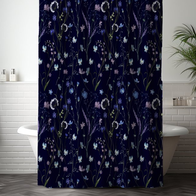 Blue Purple Pretty Wildflower Floral Pattern Shower Curtain (In situ)