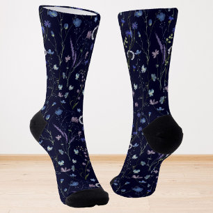 Blue Purple Pretty Wildflower Floral Pattern Socks