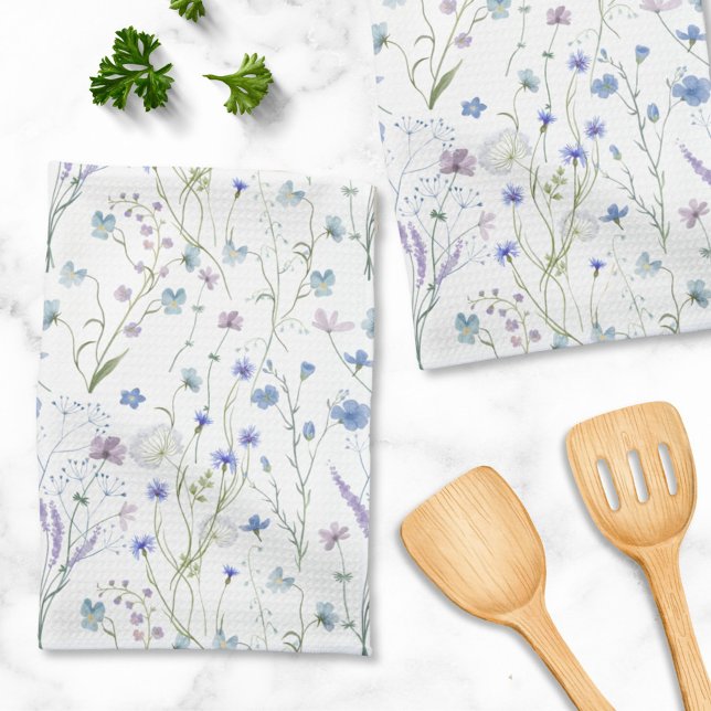 Blue Purple Pretty Wildflower Floral Pattern Tea Towel (In situ)