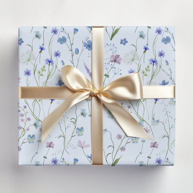 Blue Purple Pretty Wildflower Floral Pattern Wrapping Paper (In situ)
