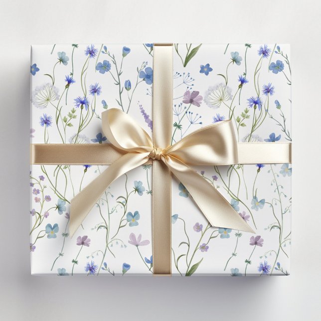 Blue Purple Pretty Wildflower Floral Pattern Wrapping Paper (In situ)
