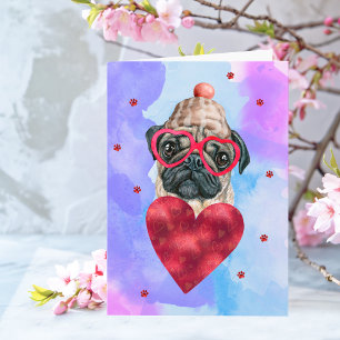 Blue Purple Pug Valentine's Day Gift Dog Card