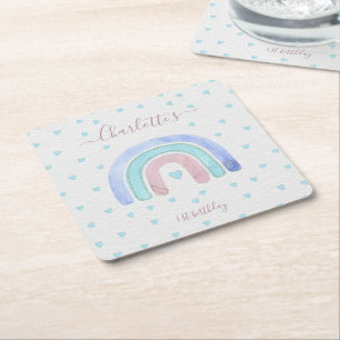 Blue Purple Rainbow First Birthday Square Paper Coaster