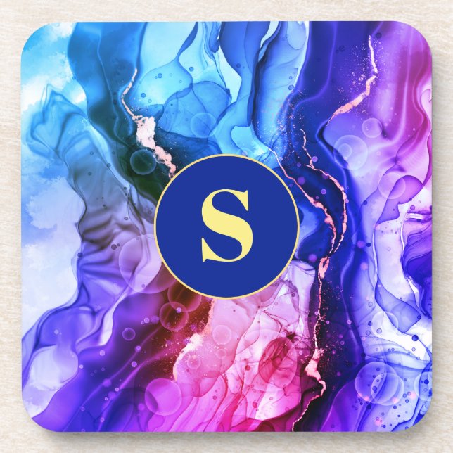 Blue, Purple & Red-Violet Liquid Ink, Monogram Coaster (Front)