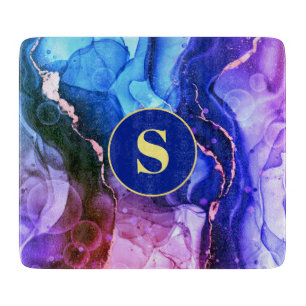 Blue, Purple & Red-Violet Liquid Ink, Monogram Cutting Board