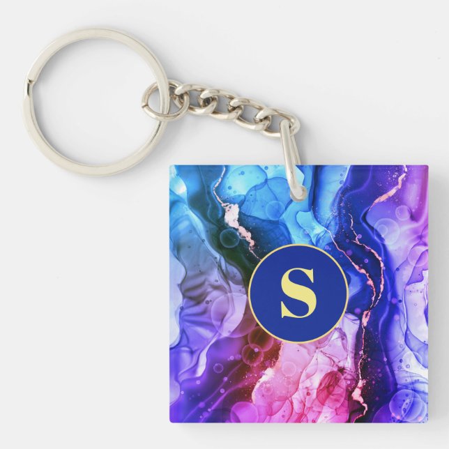 Blue, Purple & Red-Violet Liquid Ink, Monogram Key Ring (Front)