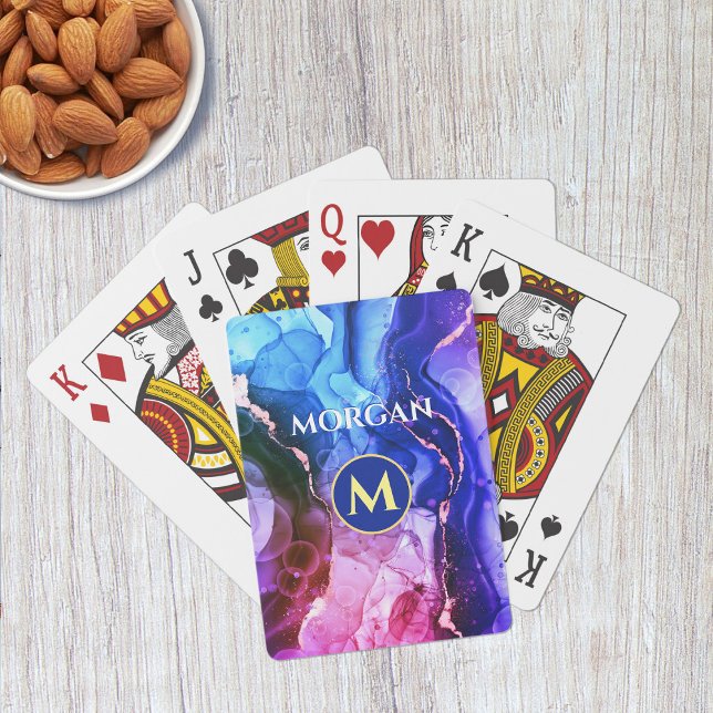 Blue Purple Red-Violet Liquid Ink, Monogram & Name Playing Cards (Creator Uploaded)
