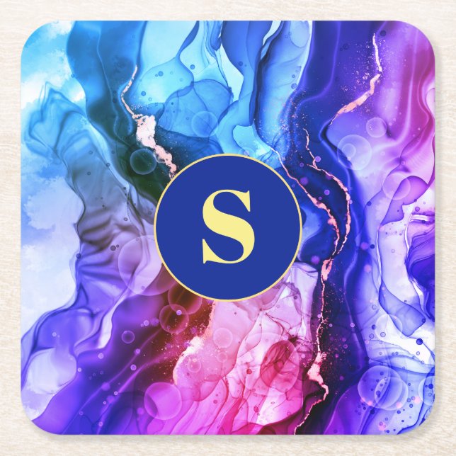 Blue, Purple & Red-Violet Liquid Ink, Monogram Square Paper Coaster (Front)