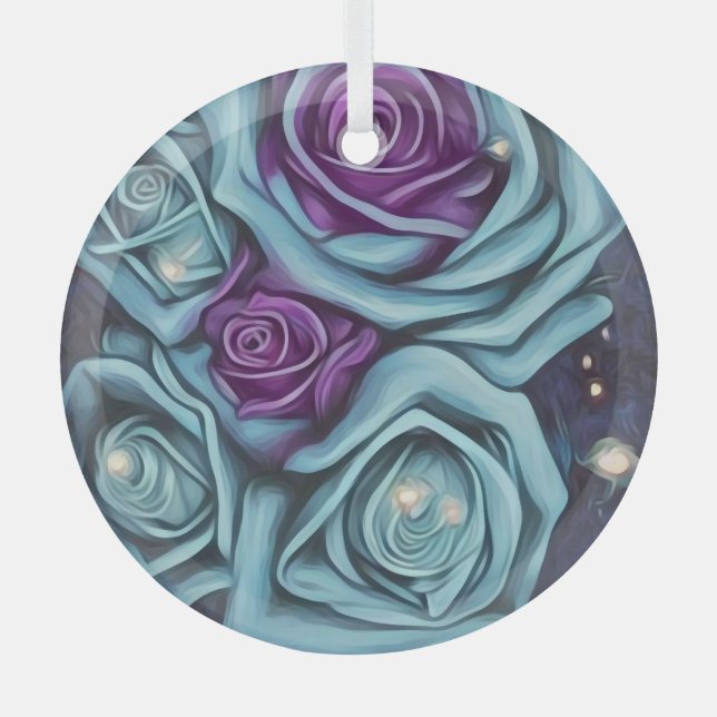 Blue & Purple Rose Bouquet Glass Tree Decoration (Front)