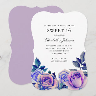Blue purple roses sweet 16. Floral 16th birthday Invitation