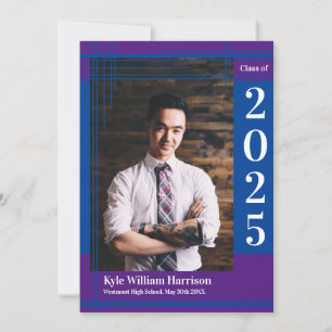 Blue Purple School Colour Graduation Photo Plaid Invitation