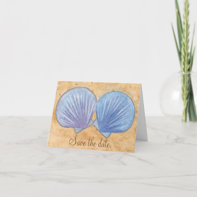 Blue Purple Seashells Sand Save the Date Note Card (Front)