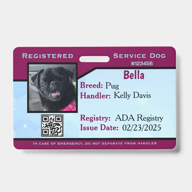 Blue/Purple service dog ID card Badge (Front)