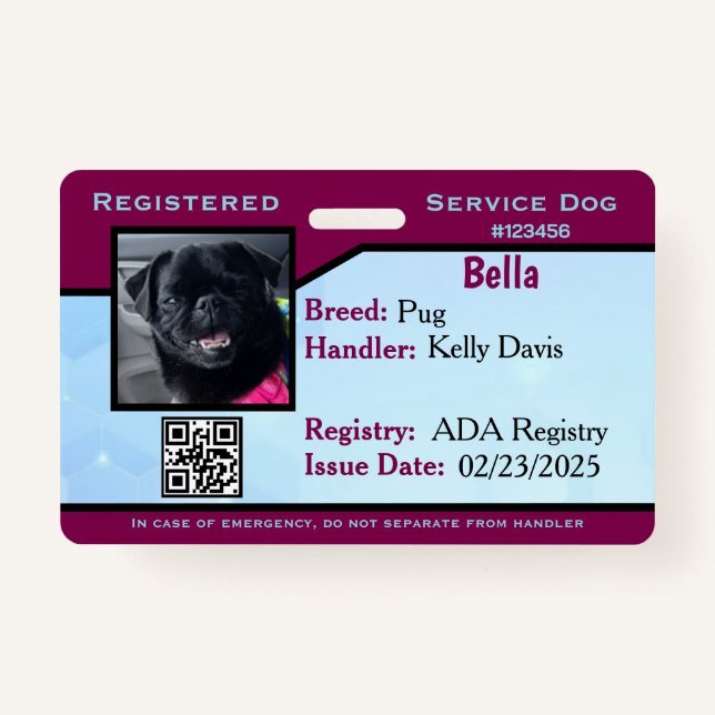 Blue/Purple service dog ID card Badge ID Badge (Front)