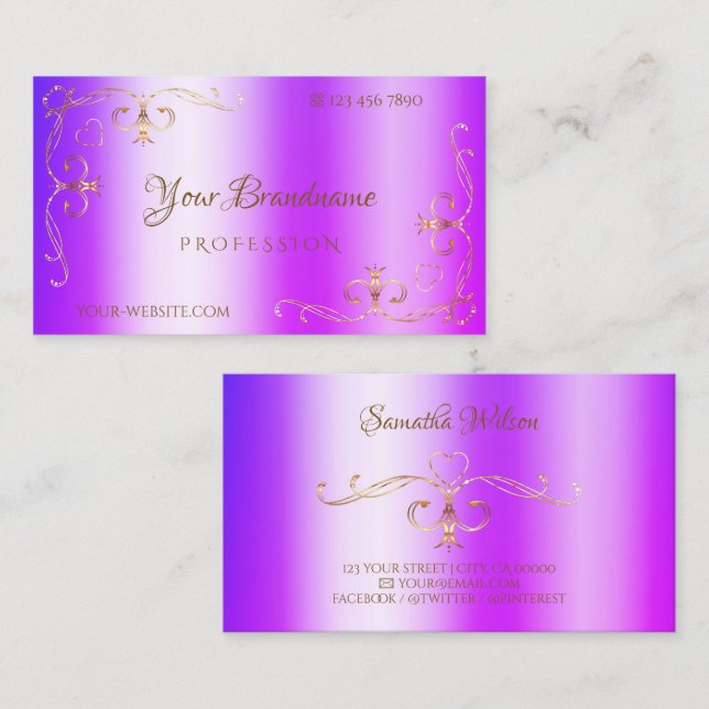 Blue Purple Shimmery Gold Ornate Corner Ornamental Business Card (Front/Back)