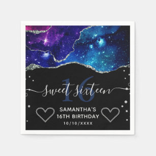 Blue & Purple Silver Glitter Galaxy Agate Sweet 16 Napkin