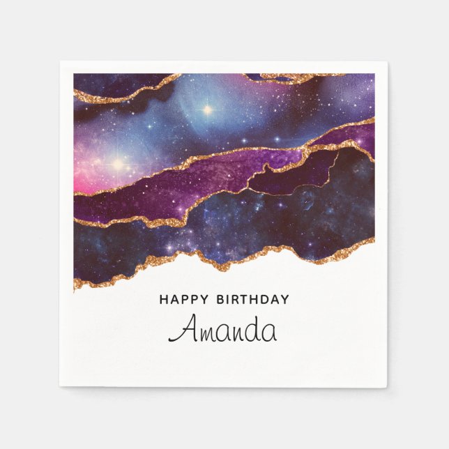 Blue & Purple Space & Stars Modern Agate Birthday Napkin (Front)