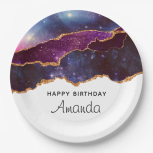Blue & Purple Space & Stars Modern Agate Birthday Paper Plate