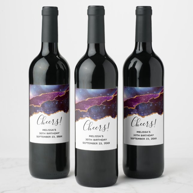 Blue & Purple Space & Stars Modern Agate Birthday Wine Label (Bottles)