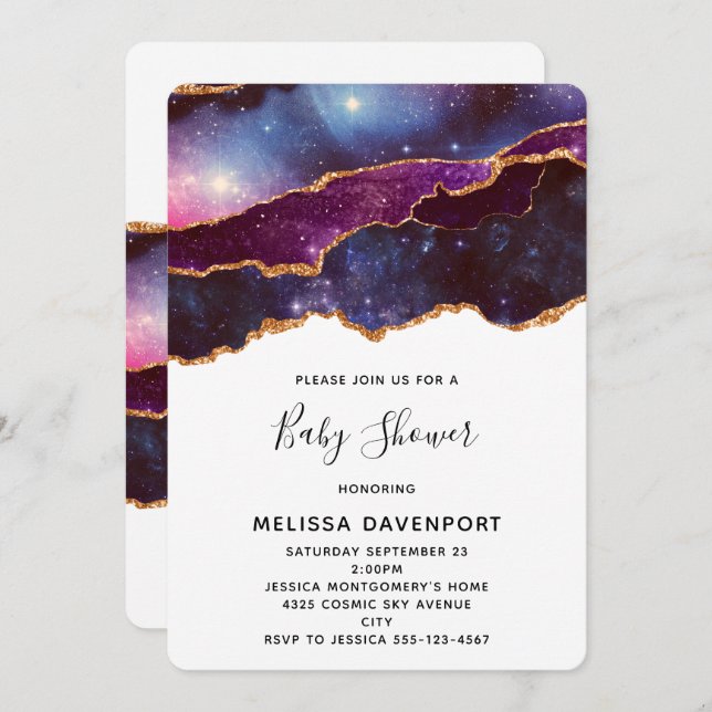 Blue & Purple Space & Stars Modern Baby Shower Invitation (Front/Back)