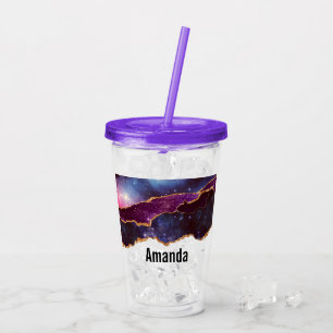 Blue & Purple Space & Stars with Gold Ribbon Acrylic Tumbler