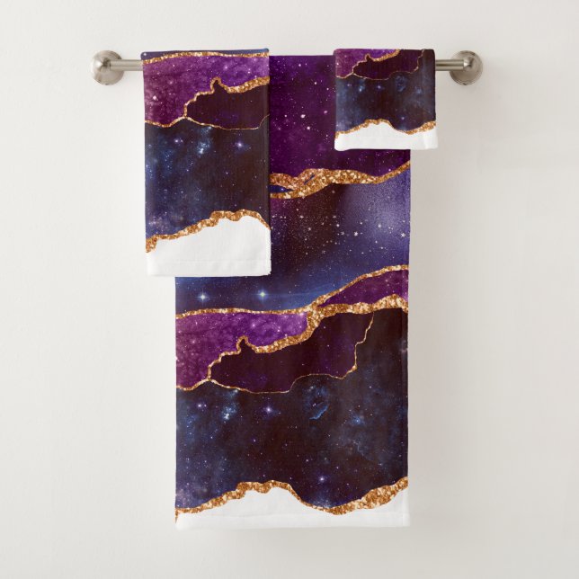 Blue & Purple Space & Stars with Gold Ribbon Bath Towel Set (Insitu)