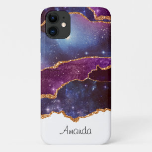 Blue & Purple Space & Stars with Gold Ribbon iPhone 11 Case