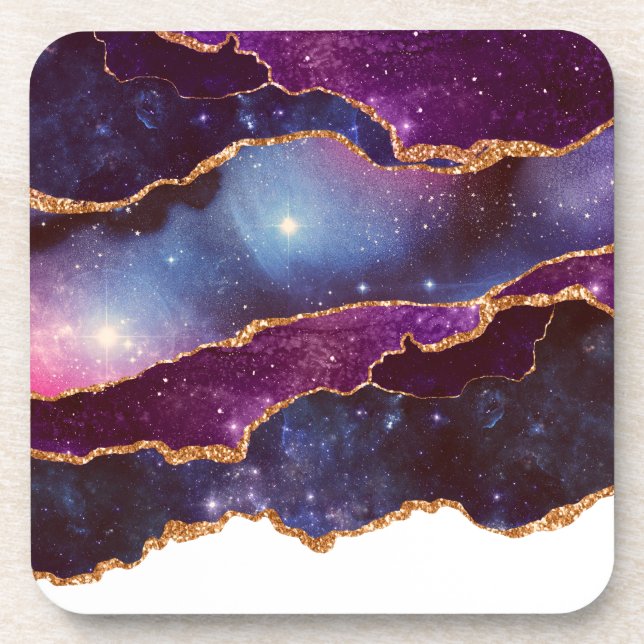 Blue & Purple Space & Stars with Gold Ribbon Coaster (Front)