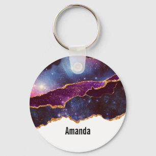 Blue & Purple Space & Stars with Gold Ribbon Key Ring