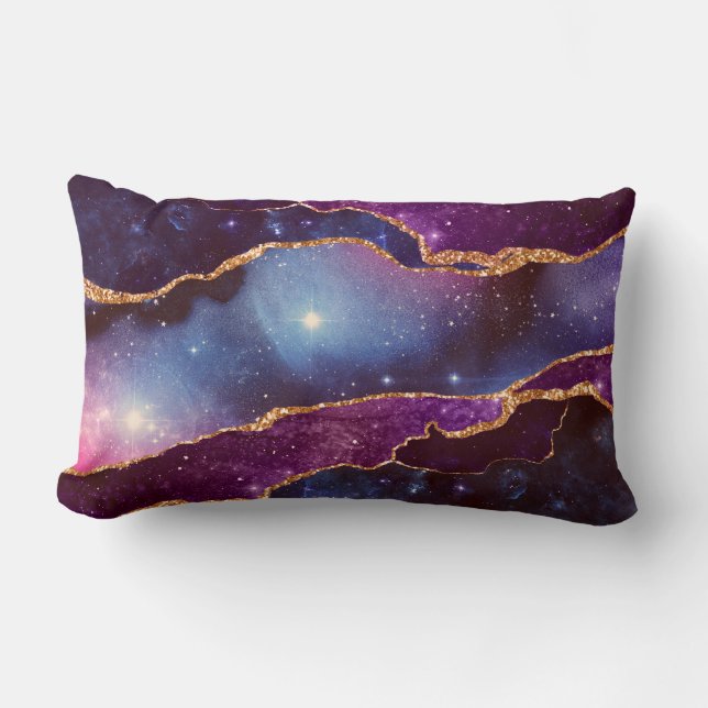 Blue & Purple Space & Stars with Gold Ribbon Lumbar Cushion (Front)