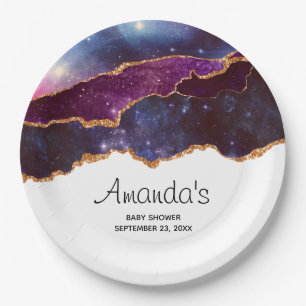 Blue & Purple Space & Stars with Gold Ribbon Paper Plate