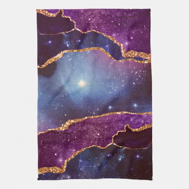 Blue & Purple Space & Stars with Gold Ribbon Tea Towel (Vertical)