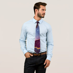 Blue & Purple Space & Stars with Gold Ribbon Tie