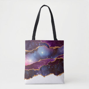 Blue & Purple Space & Stars with Gold Ribbon Tote Bag