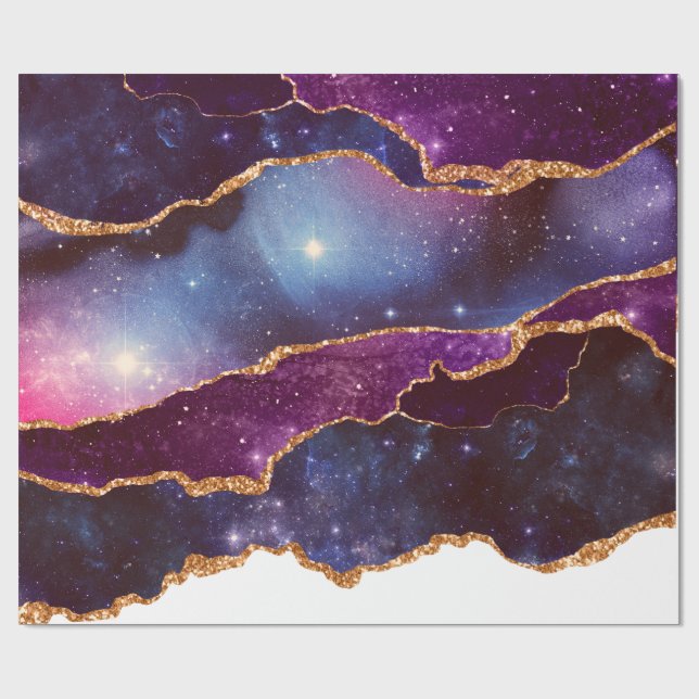 Blue & Purple Space & Stars with Gold Ribbon Wrapping Paper (Flat)