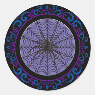 Blue Purple Spider Web And Black Spider Halloween Classic Round Sticker