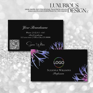 Blue Purple Star Flower on Black with Logo QR Code Business Card